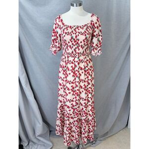 Betsey Johnson Strawberry Print Maxi Dress Pink Smocked Puff Sleeve XS Fruitcore
